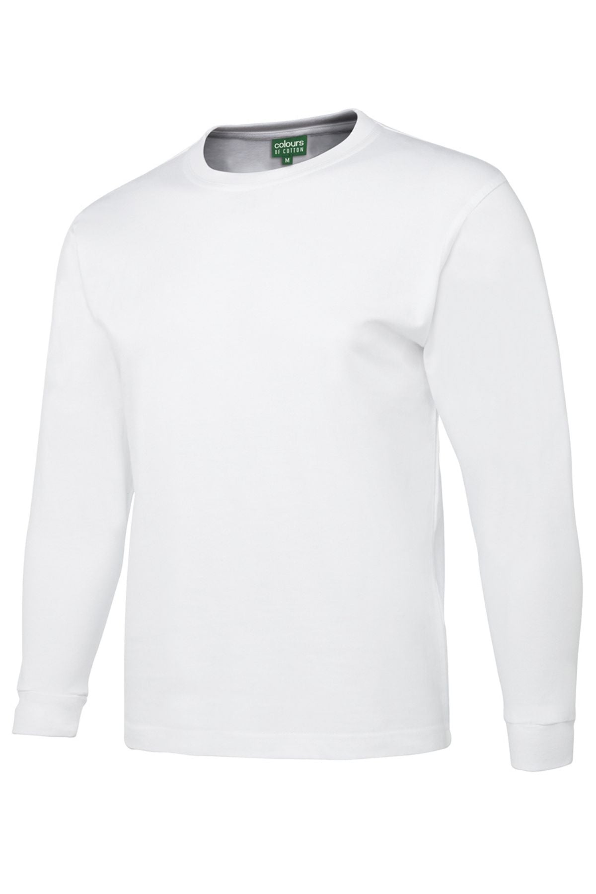 The JBs Long Sleeve T-Shirt, shown in pure white against a white background, is made from 100% cotton with ribbed cuffs, a relaxed fit, and a visible green tag inside the collar.