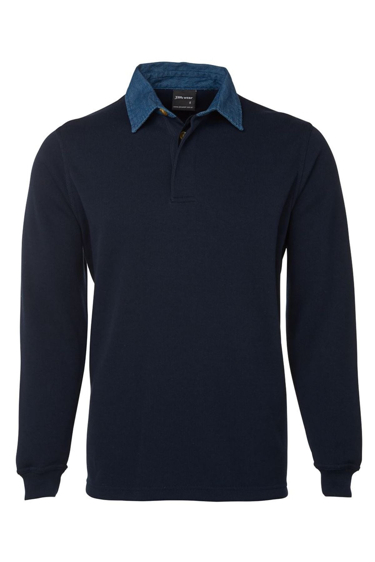 The JBs Rugby is a long-sleeved, dark navy polo shirt featuring a blue denim collar, ideal for smart casual wear, shown on a plain white background.