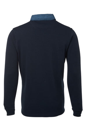 The JBs Rugby is a navy blue long-sleeve casual jumper shown from the back, featuring a contrasting denim collar and ribbed cuffs. Its simple, classic design has no visible patterns or logos.
