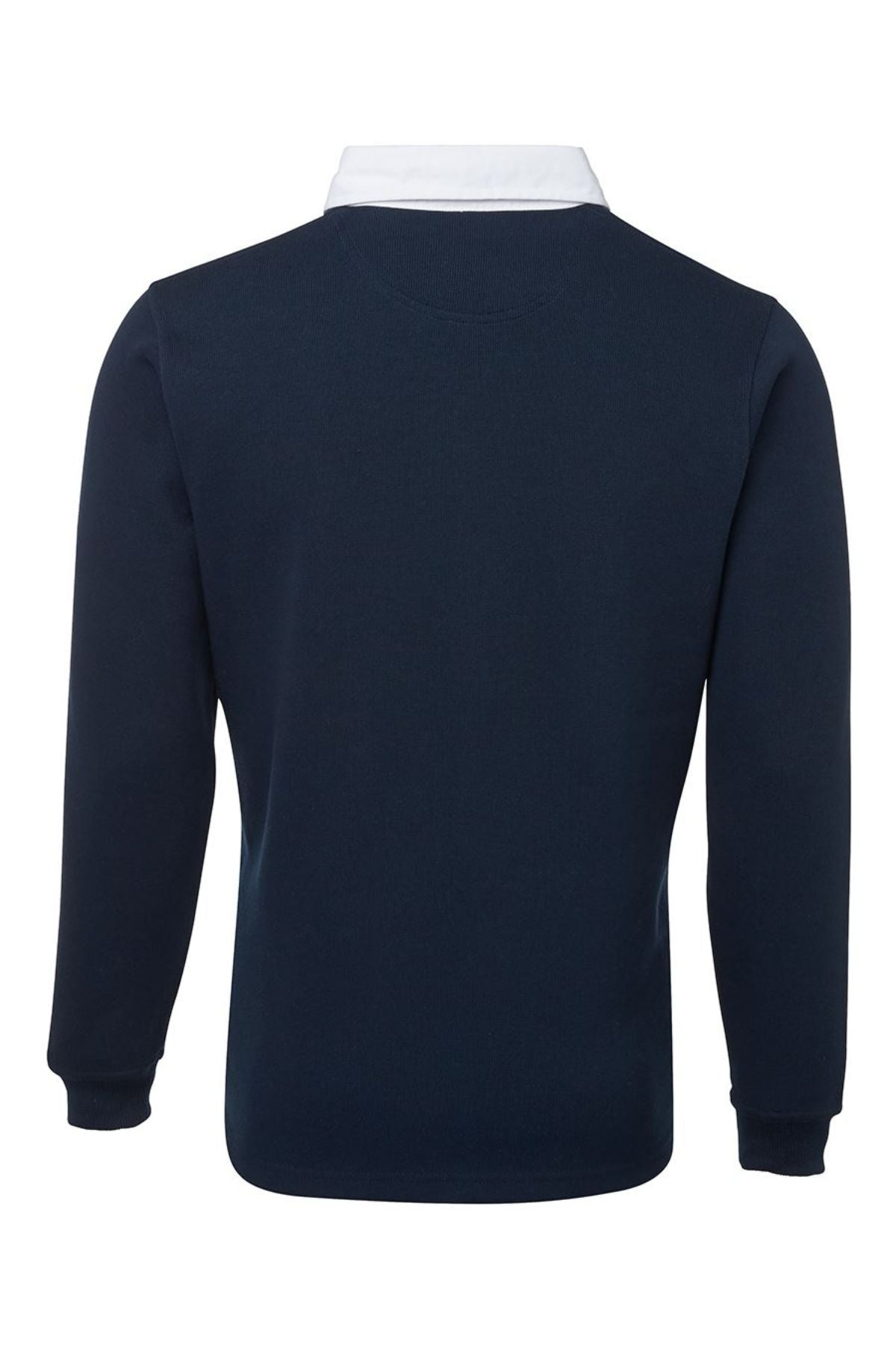 Back view of the JBs Rugby shirt—navy blue with long sleeves and a white collar—ideal for layering as a casual jumper, displayed against a plain white background.