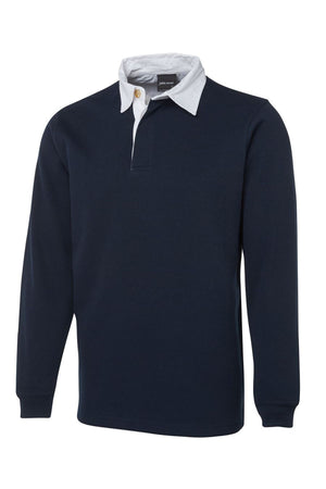The JBs Rugby is a long-sleeved, dark navy shirt featuring a white collar, buttoned placket, and ribbed cuffs—ideal for casual style. Displayed on a plain white background.