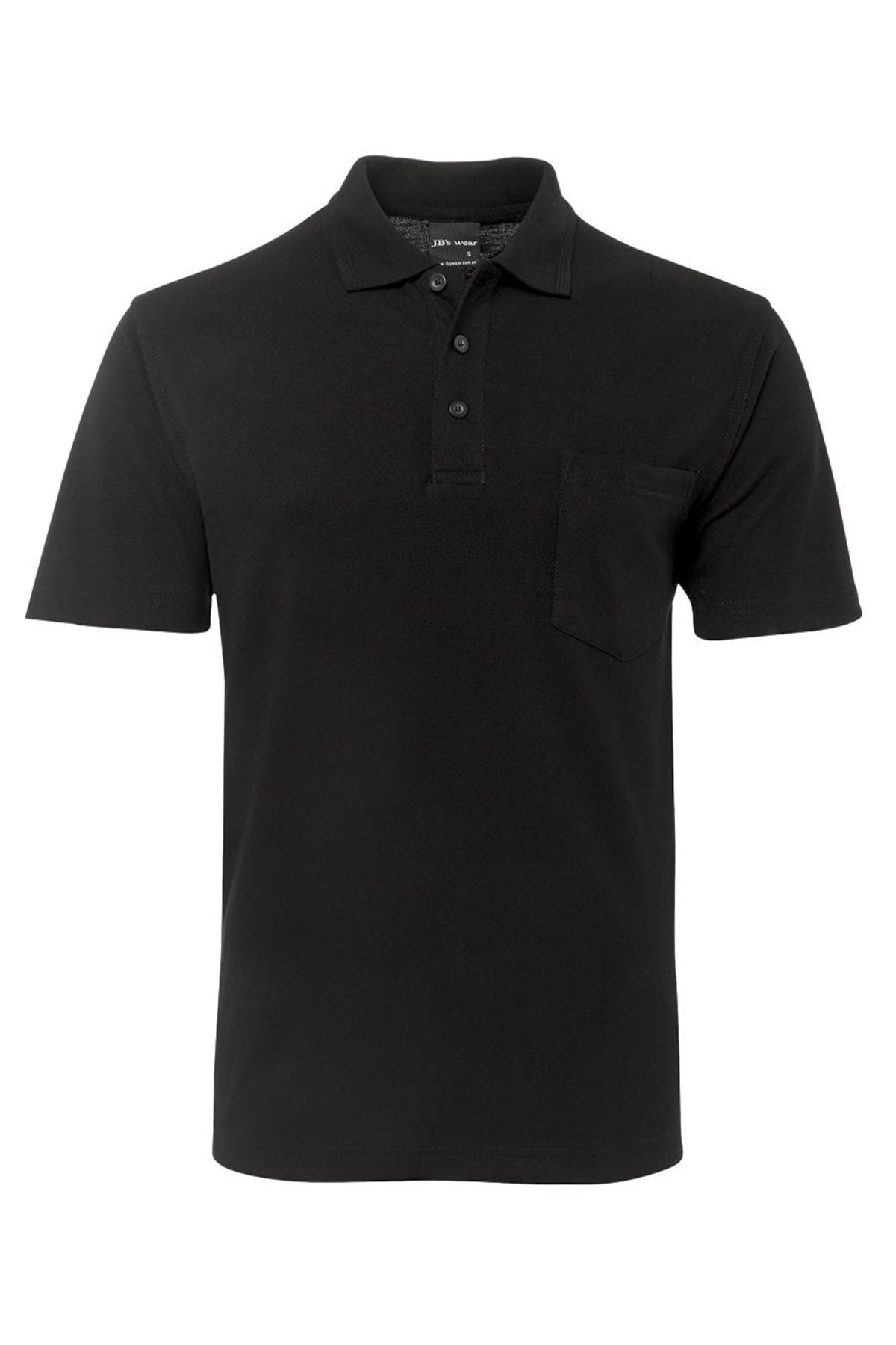 The JBs Pocket Polo is a regular-fit, plain black short sleeve polo with a collar, three-button placket, and left chest pocket. Made from soft polyester cotton and shown on a white background.