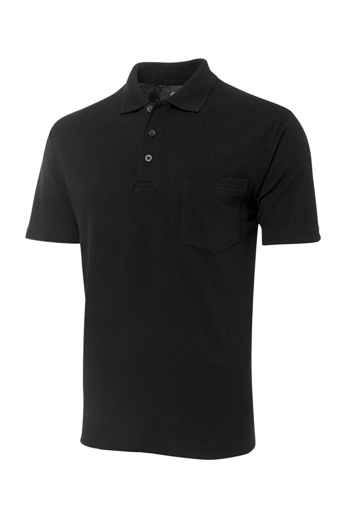 The JBs Pocket Polo is a plain black, regular fit short sleeve shirt with a collar, three buttons, and a small chest pocket. Made from soft polyester cotton, it’s shown on a white background.