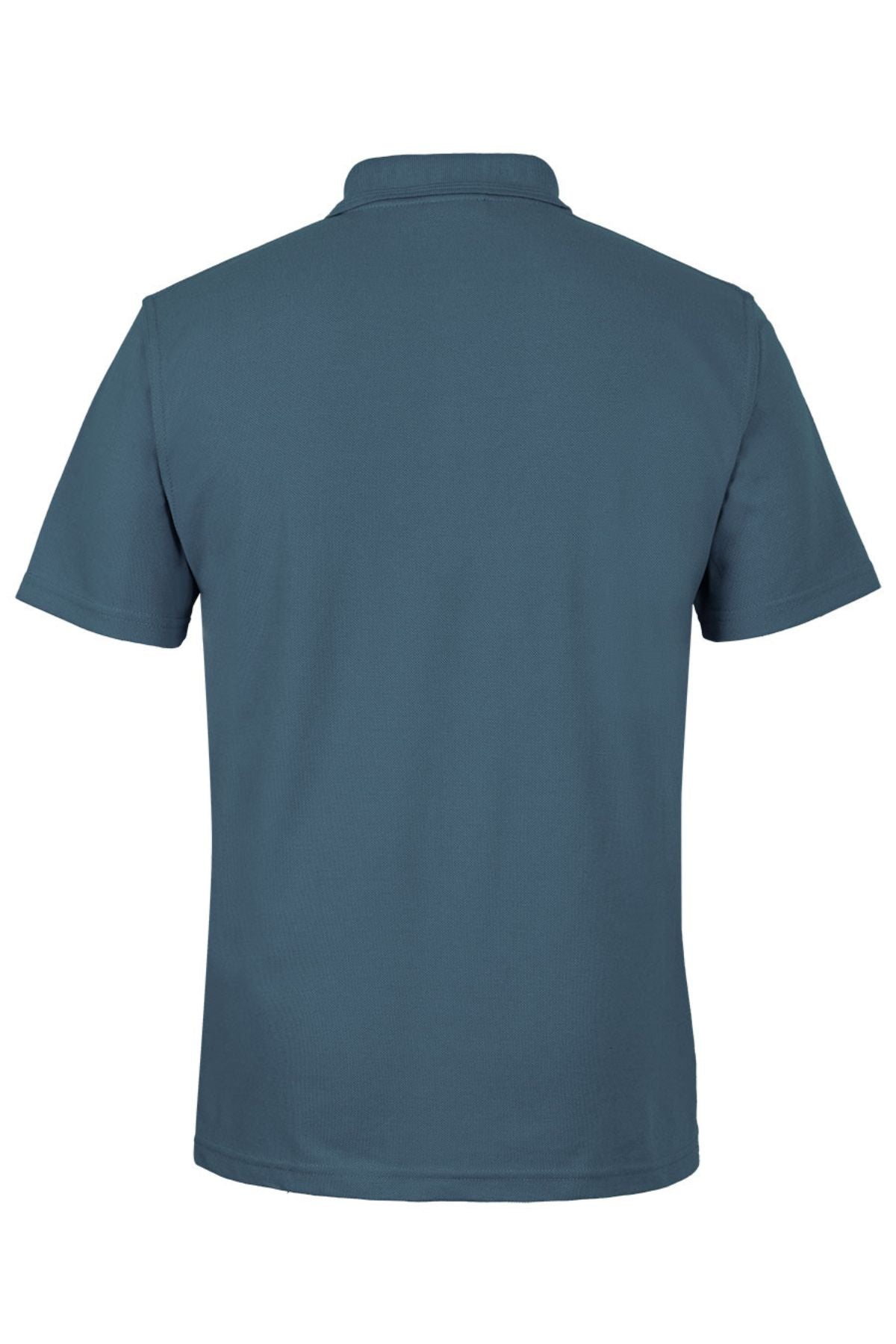 Back view of the JBs Short Sleeve Polo in teal, a plain, collared shirt with short sleeves and UPF protection, displayed against a white background.