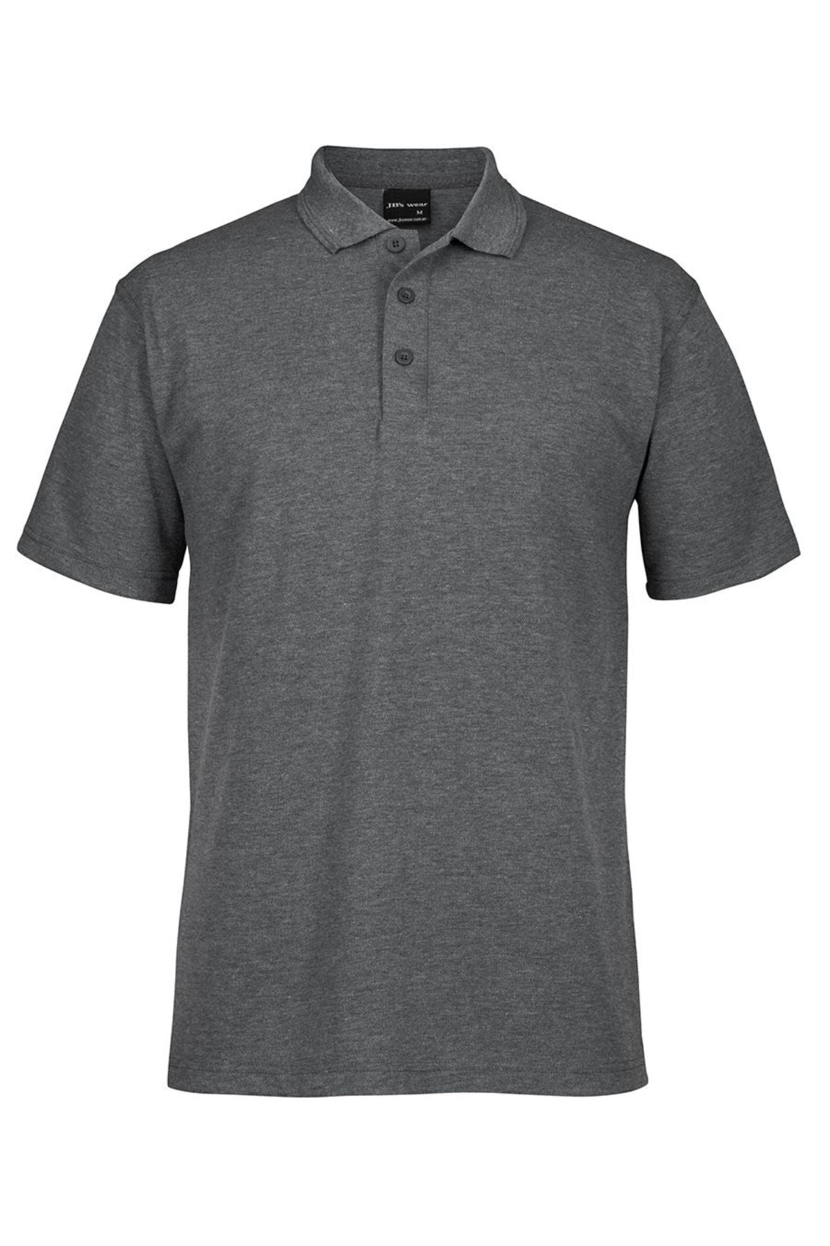 The JBs Short Sleeve Polo is a plain, dark gray shirt with short sleeves, a collar, and three front buttons, shown on a white background.