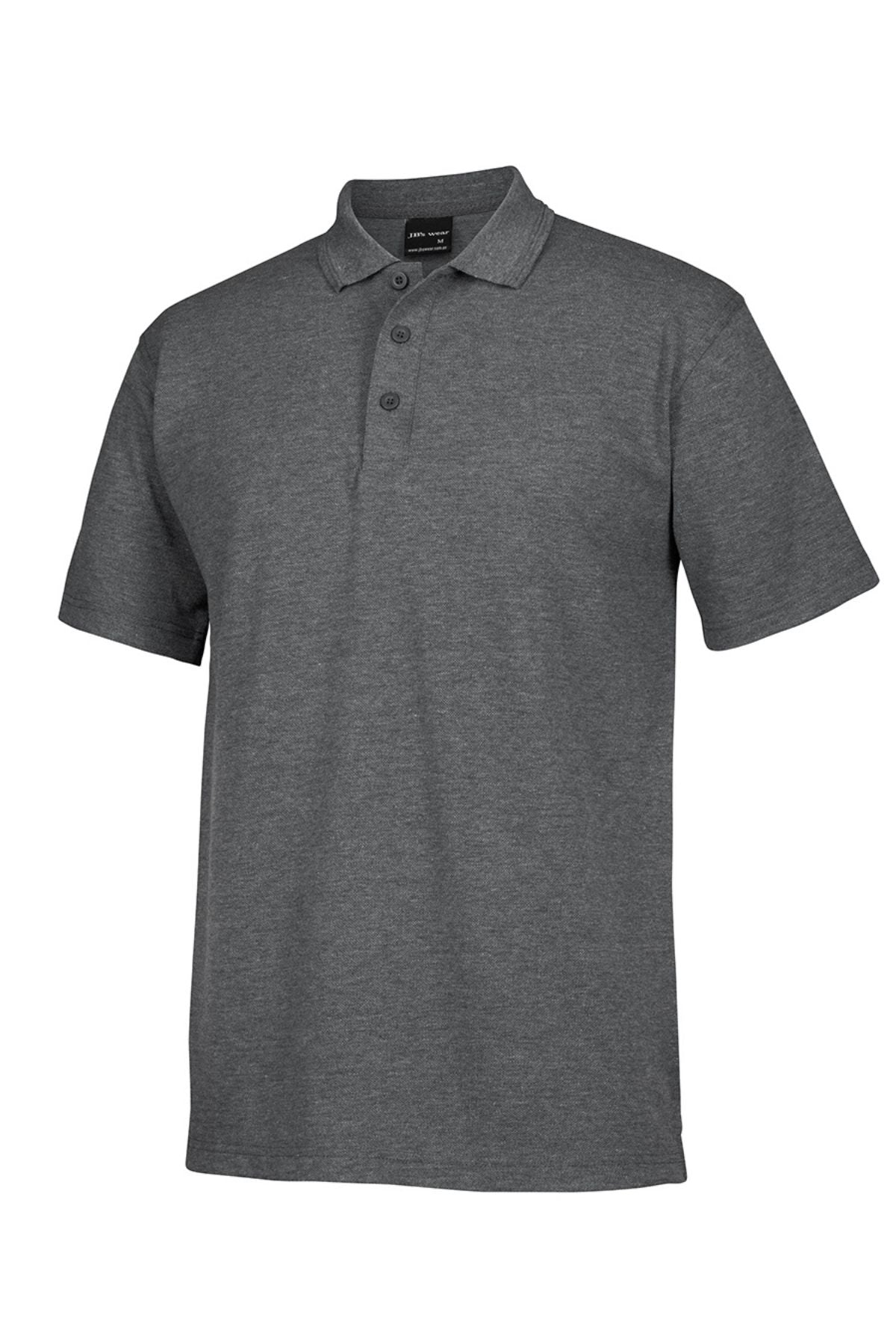 The JBs Short Sleeve Polo is a comfortable, plain dark grey shirt with short sleeves, a collar, and three front buttons, shown against a white background.
