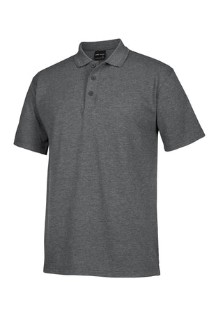 The JBs Short Sleeve Polo is a comfortable, plain dark grey shirt with short sleeves, a collar, and three front buttons, shown against a white background.