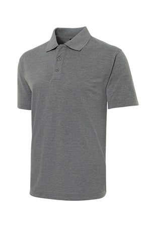 The JBs Short Sleeve Polo is a gray, collared shirt with three front buttons and UPF protection, shown on a white background.
