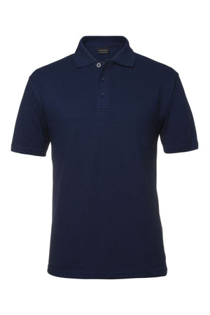 The JBs Short Sleeve Polo is a durable, plain navy blue shirt with a collar and three buttons, featuring short sleeves for classic style and comfort. Displayed against a white background.