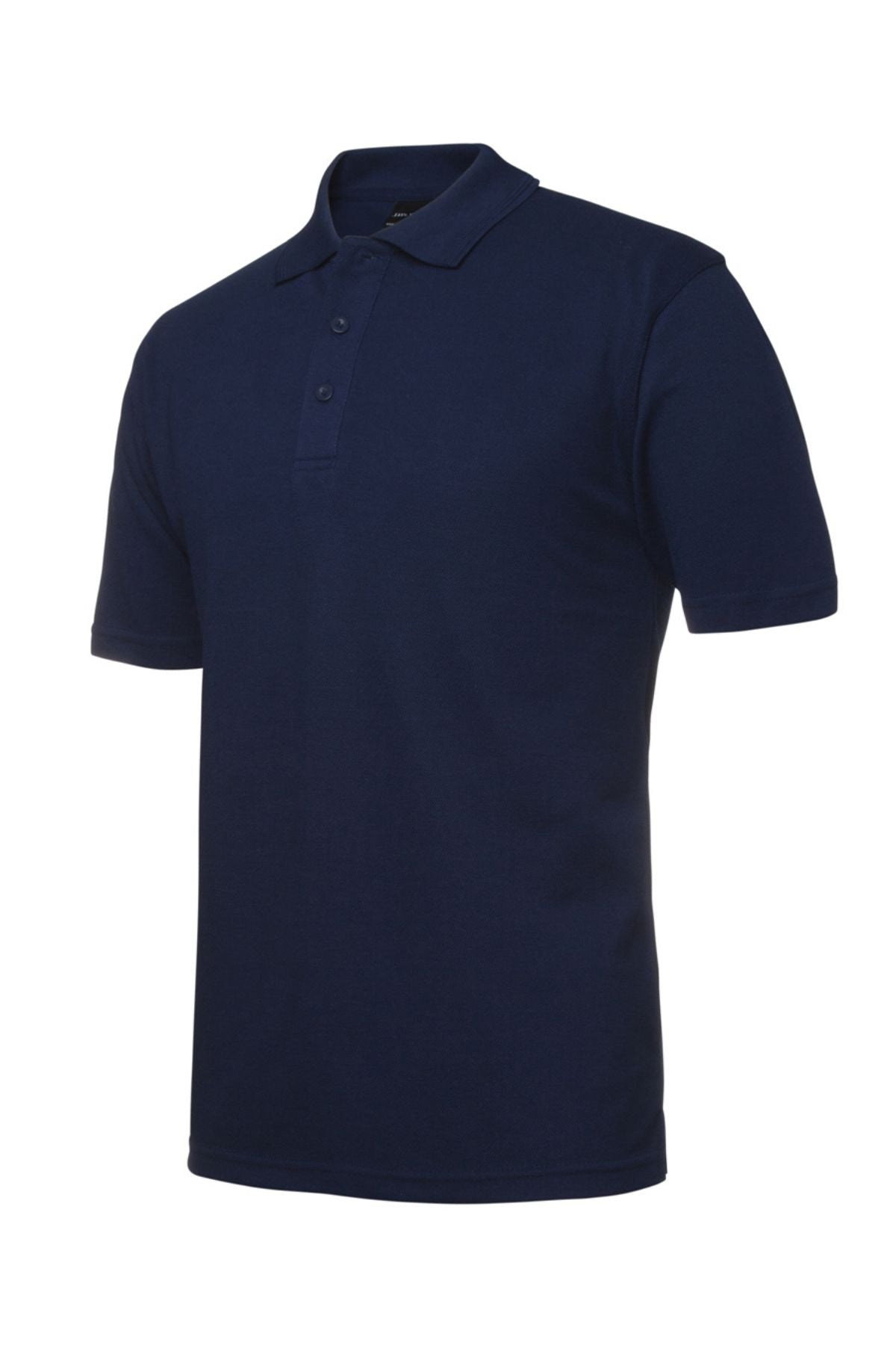 JBs Short Sleeve Polo: Navy blue classic with collar and 3-button placket, features UPF protection—perfect for durable workwear. Shown on a white background.