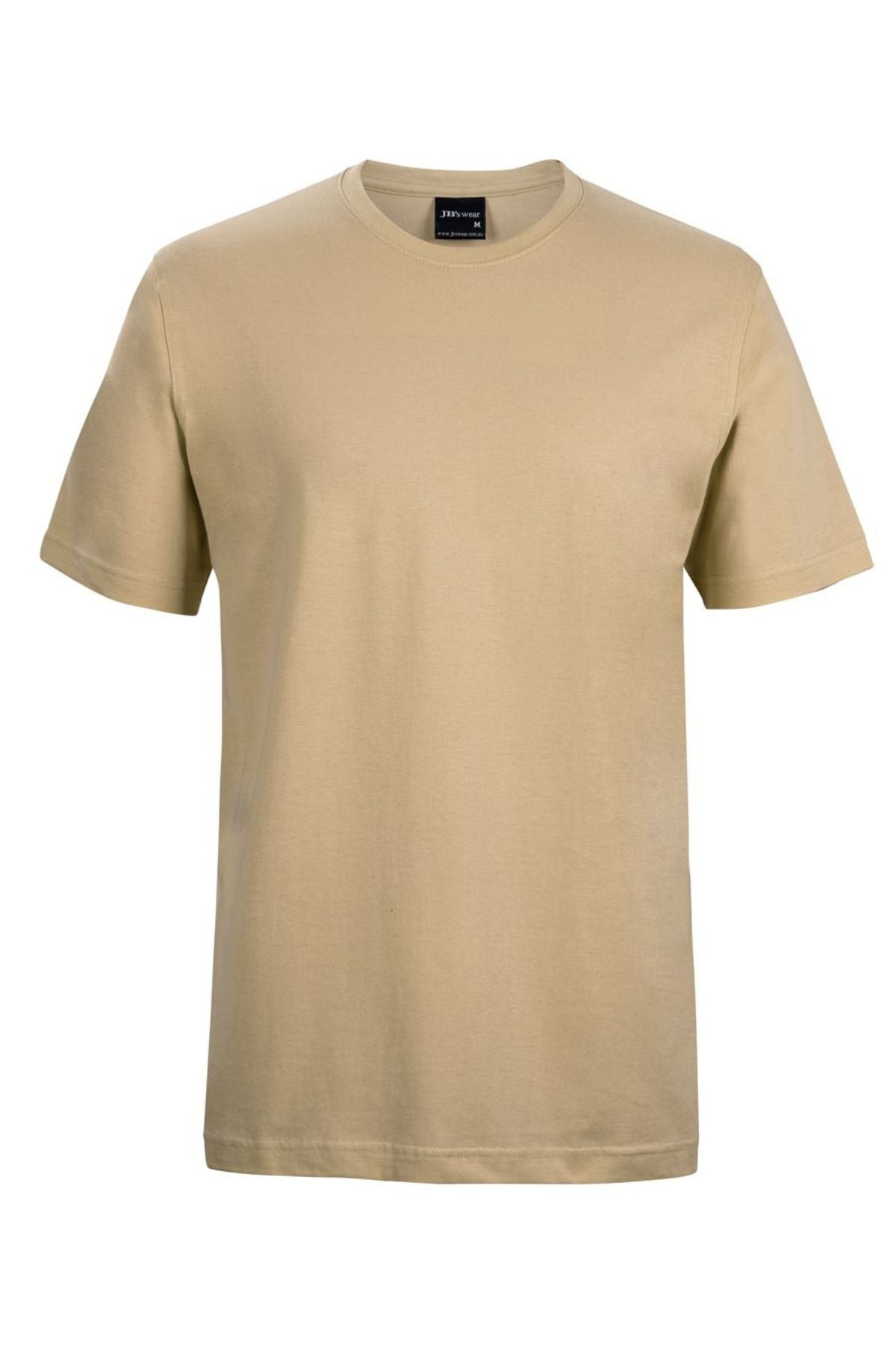 The JBs Short Sleeve T Shirt, shown on a white background, features a plain beige color, crew neck, and is made from 100% cotton.