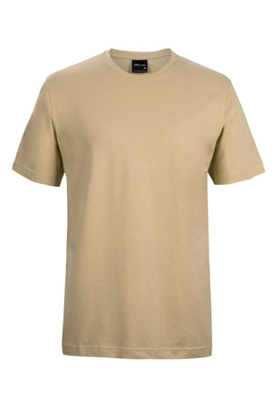 The JBs Short Sleeve T Shirt, shown on a white background, features a plain beige color, crew neck, and is made from 100% cotton.