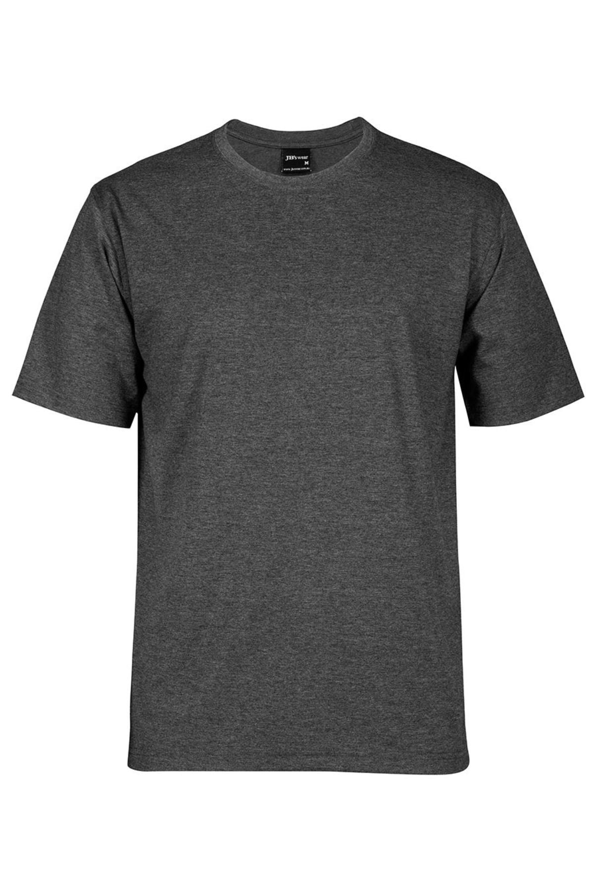 The JBs Short Sleeve T-Shirt in dark gray features a crew neck, soft ring-spun jersey knit, and short sleeves, displayed on a white background.
