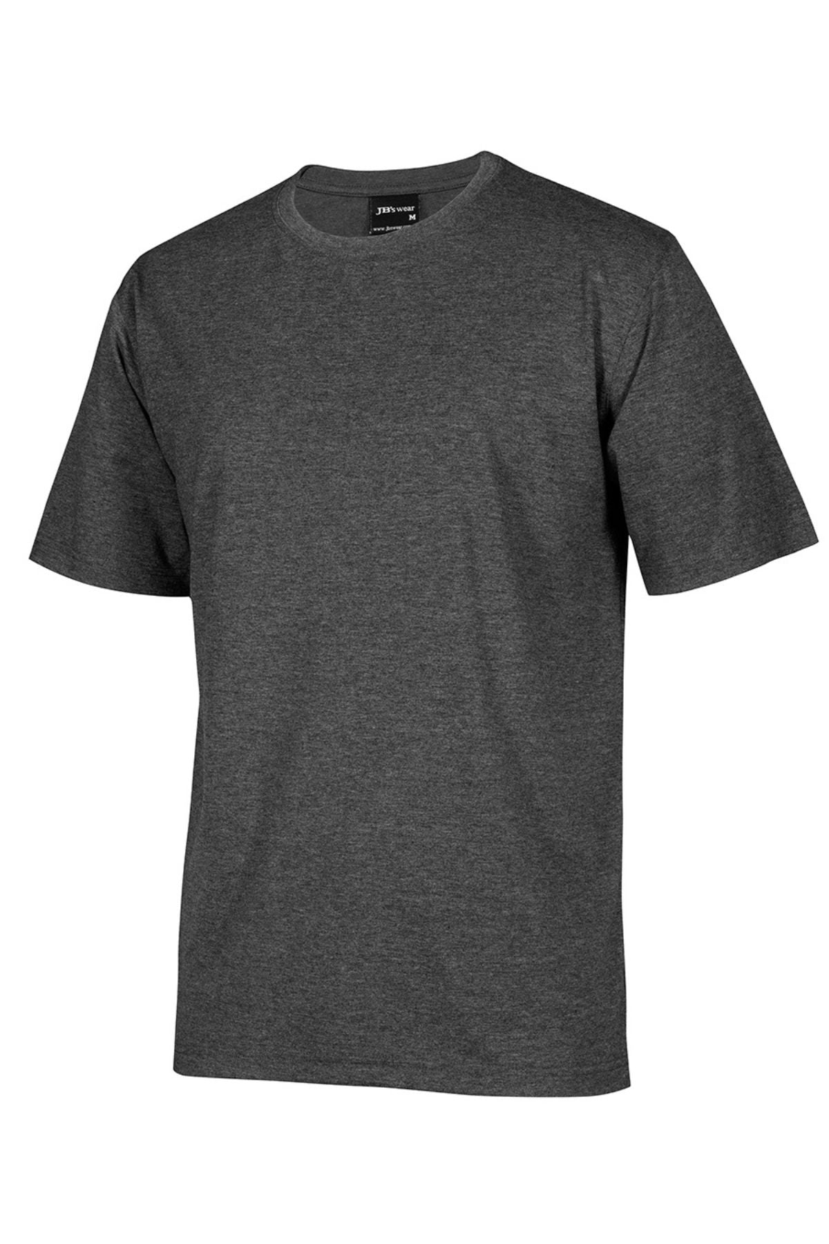 The JBs Short Sleeve T-Shirt features a dark gray crew neck, is made from soft ring-spun jersey knit, and has a plain design with short sleeves. Shown against a white background.