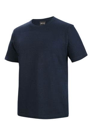 The JBs Short Sleeve T-Shirt in navy blue, made from 100% cotton, is shown against a white background highlighting its front and left side.