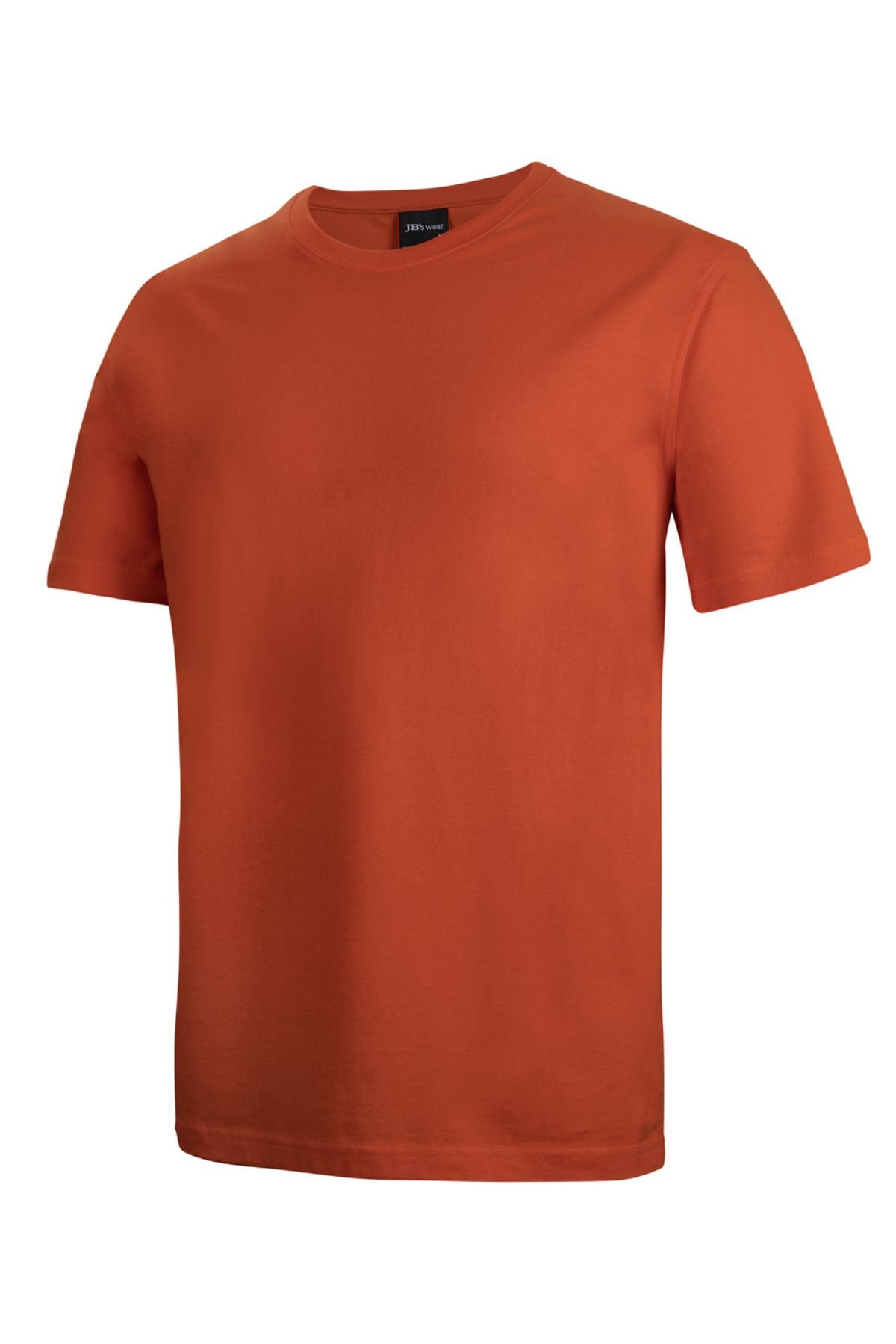 The JBs Short Sleeve T-Shirt is a crew-neck style made from 100% cotton, featuring a solid burnt orange color and short sleeves, shown on a white background.
