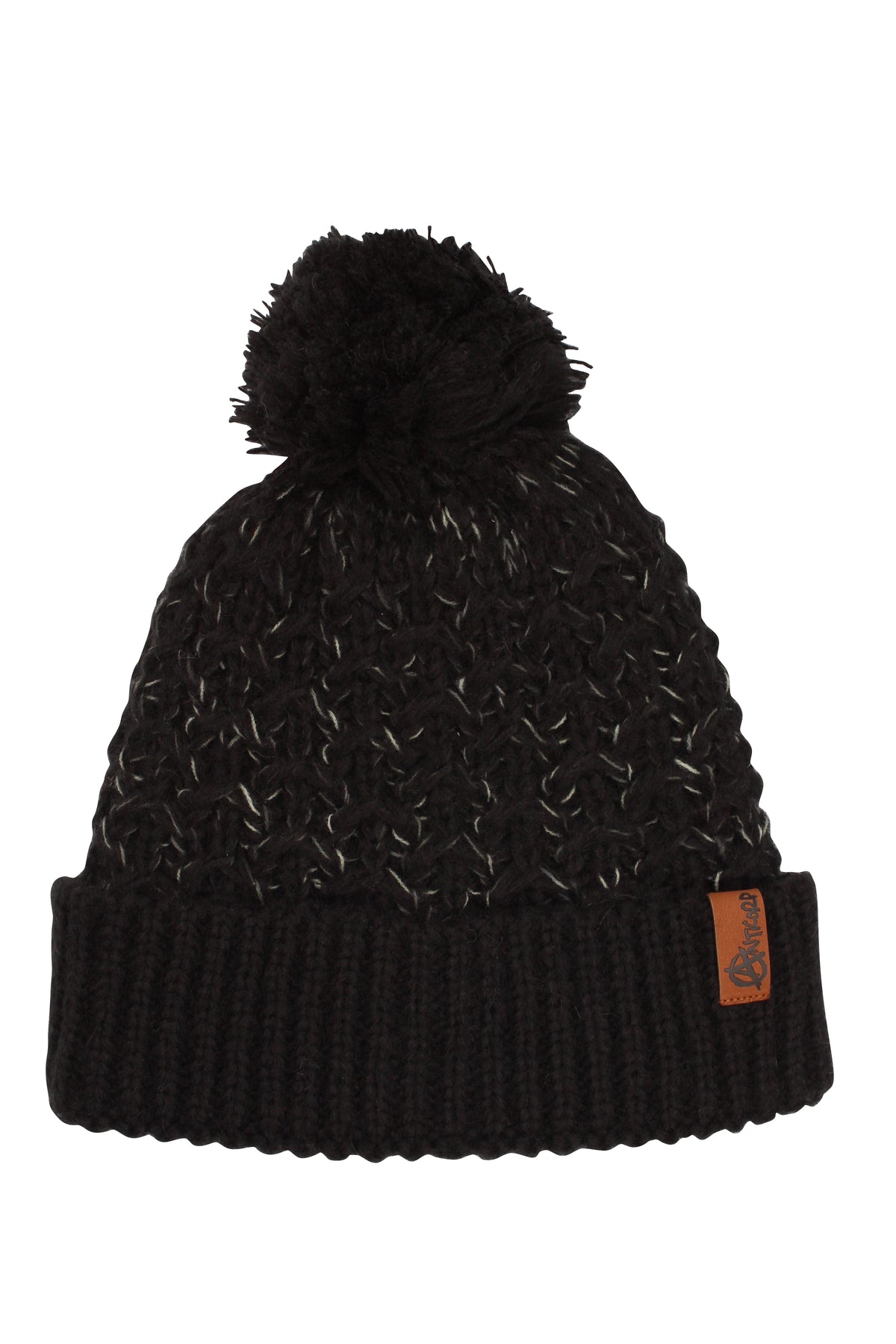Meet the Anticorp Ladies Diamond Lined Beanie, ideal for chilly days. This black knit beanie showcases a pom-pom, a textured design with white threads, and a folded brim featuring a small brown leather patch—combining warmth and style beautifully.