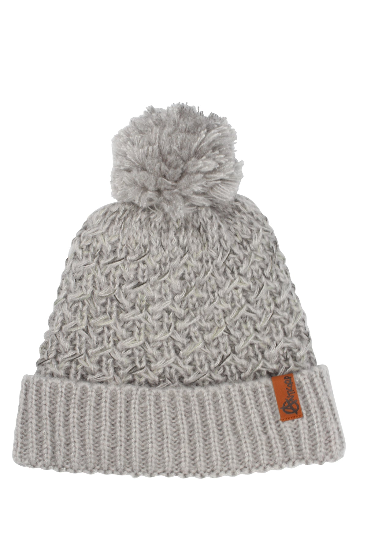 The Anticorp Ladies Diamond Lined Beanie in light gray features a textured pattern, folded ribbed brim, brown leather patch, and large pom-pom—ideal for keeping warm in cold weather.
