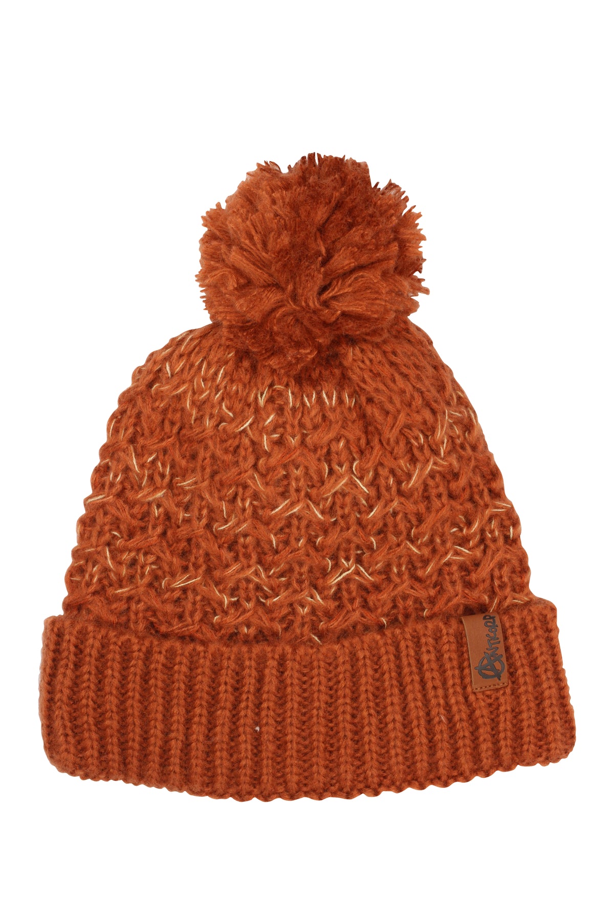 Stay cozy in cold weather with our rust-colored Anticorp Ladies Diamond Lined Beanie, featuring a large pom-pom, folded brim, textured pattern, and a small brown side tag for added style.