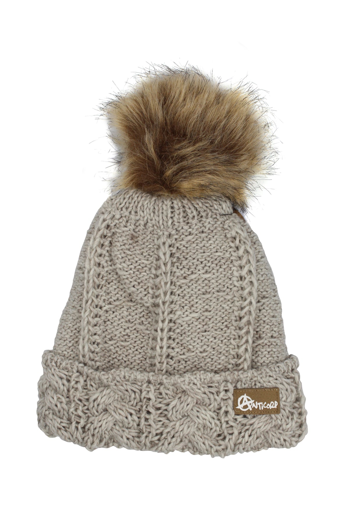 The Anticorp Ladies Pleat Beanie is a beige, cable-knit winter essential featuring a fluffy faux fur pom-pom on top and a folded brim with a small fabric label, ideal for cold weather.