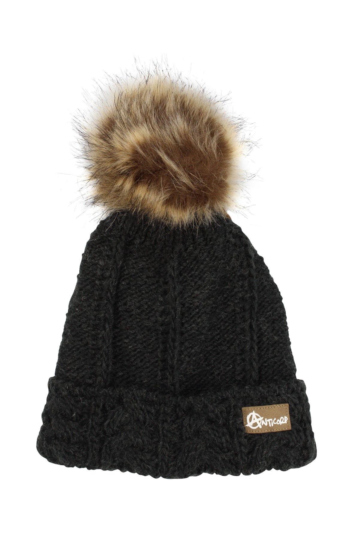 The Anticorp Ladies Pleat Beanie is a black knitted hat for women, featuring a large brown faux fur pom-pom on top and a small stitched Anticorp patch on the folded brim—ideal for cold weather.
