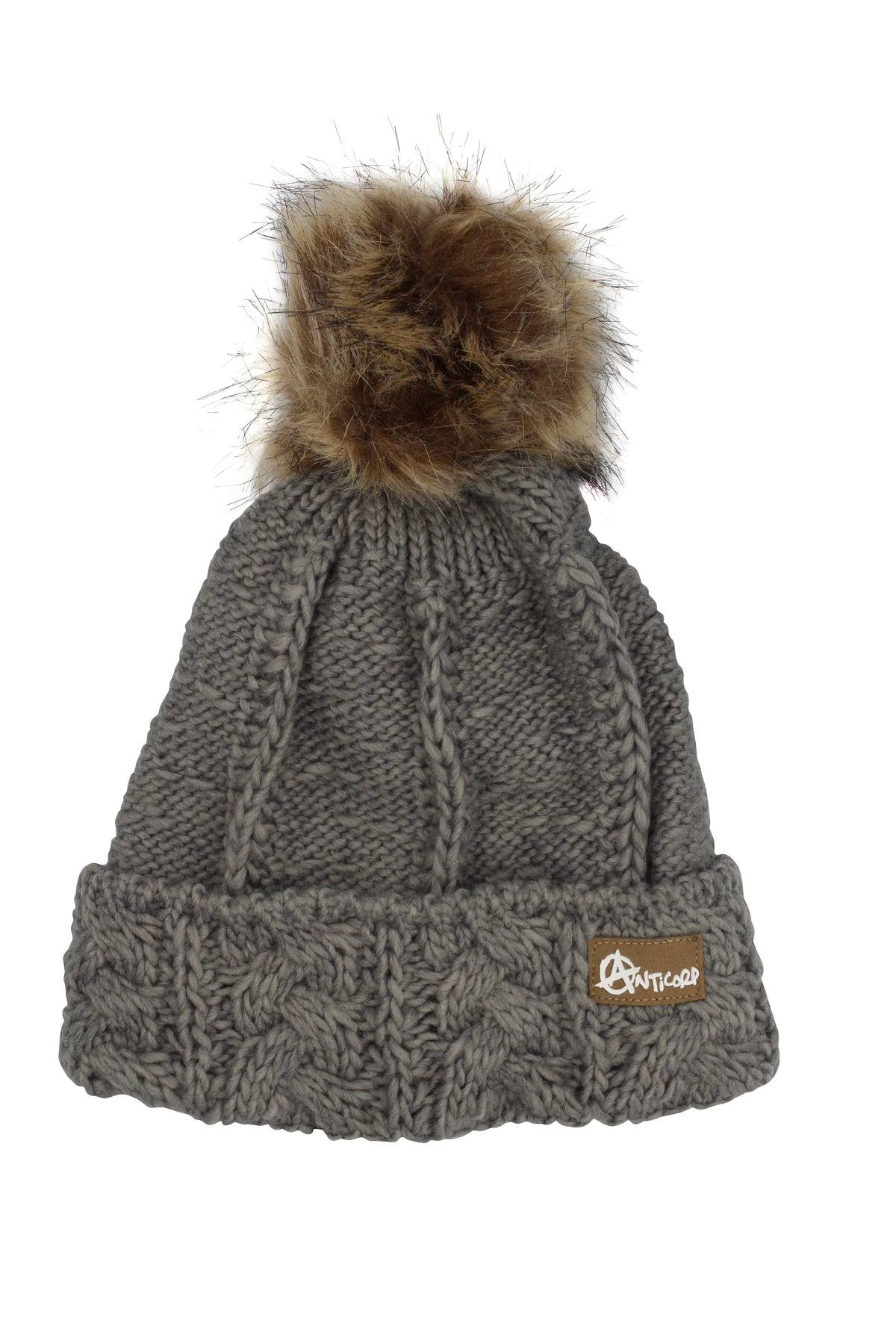 Introducing the Anticorp Ladies Pleat Beanie, a gray knitted winter accessory with a folded brim and brown Anticorp logo patch. It features a large faux fur pom-pom in warm brown tones to enhance your cold-weather style.