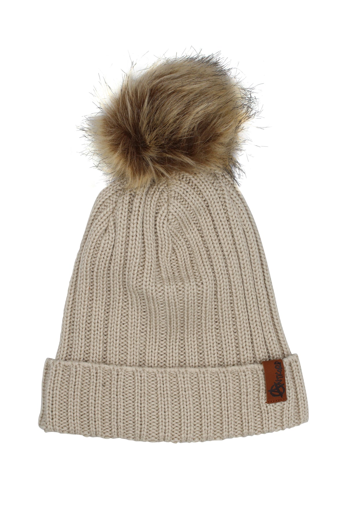 Stay warm this winter with the Anticorp Ladies Snuggly Beanie—a beige knit featuring a folded brim, large brown faux fur pom-pom, and a stylish brown leather tag.