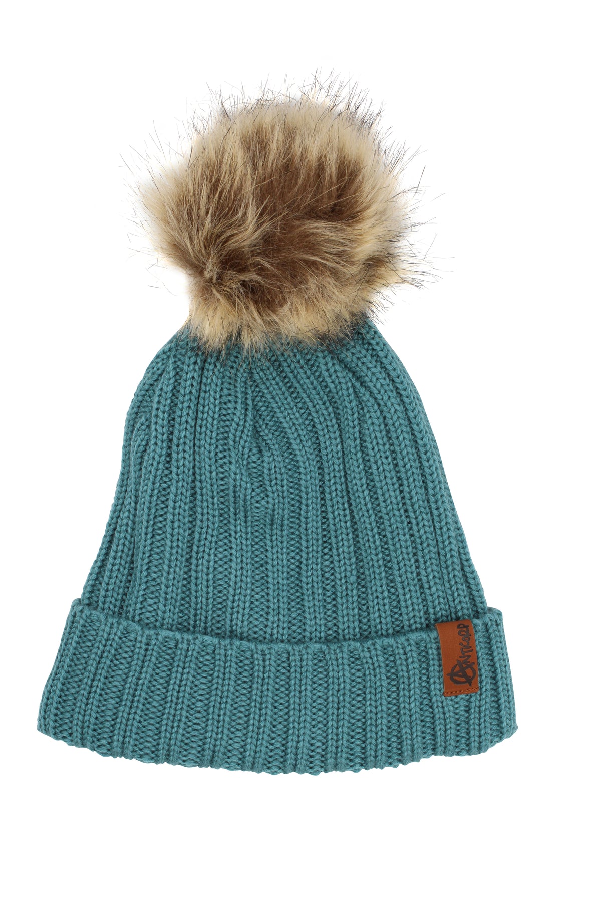 The Anticorp Ladies Snuggly Beanie is a winter essential with a teal knit design, a removable fluffy faux fur pom-pom, ribbed pattern, folded brim, and brown side label for versatile styling.