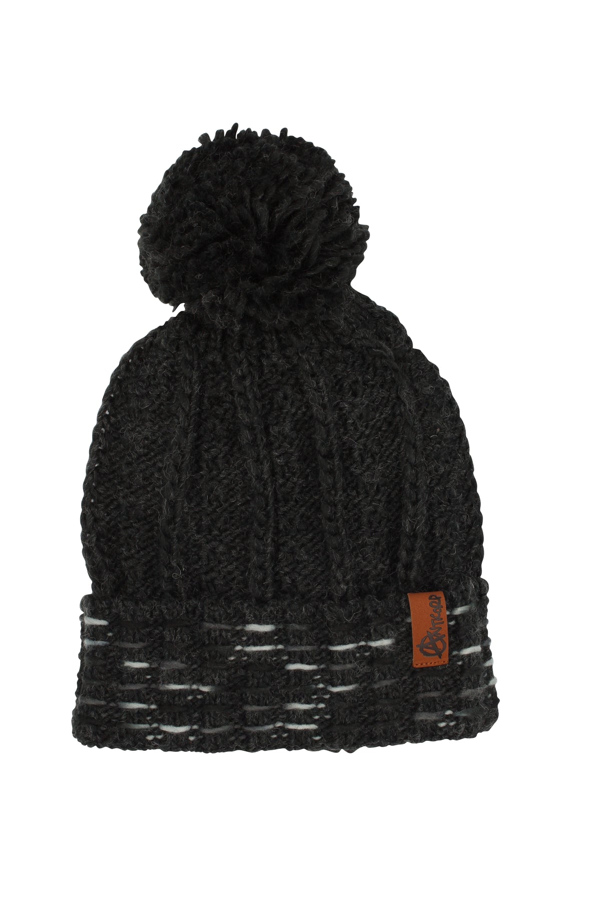 The Anticorp Ladies Southerly Lined Beanie is a black knit hat with a large pom-pom, folded brim with white accents, and a small brown leather patch—ideal for cold weather.
