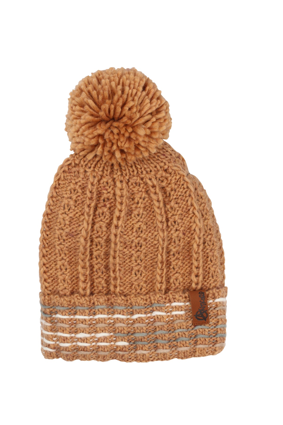 The Anticorp Ladies Southerly Lined Beanie is a brown knit hat with a large pom-pom, folded brim with beige and white stripes—perfect for cold weather, shown against a white background.