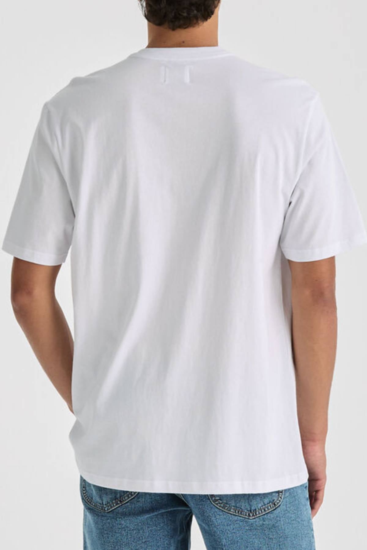 Someone is shown from the back against a neutral background, wearing a plain white Lee Originals Relaxed Tee paired with blue jeans.