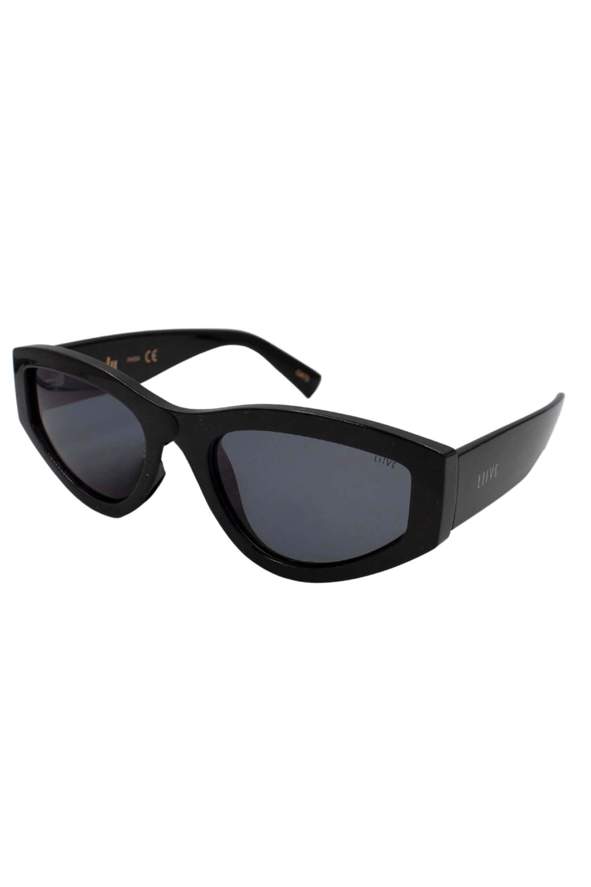 The Liive Brooksy Lulu Polar Sunglasses are sleek with a chic cat-eye silhouette, black with a glossy finish and dark polarized lenses, stylishly displayed against a plain white background.