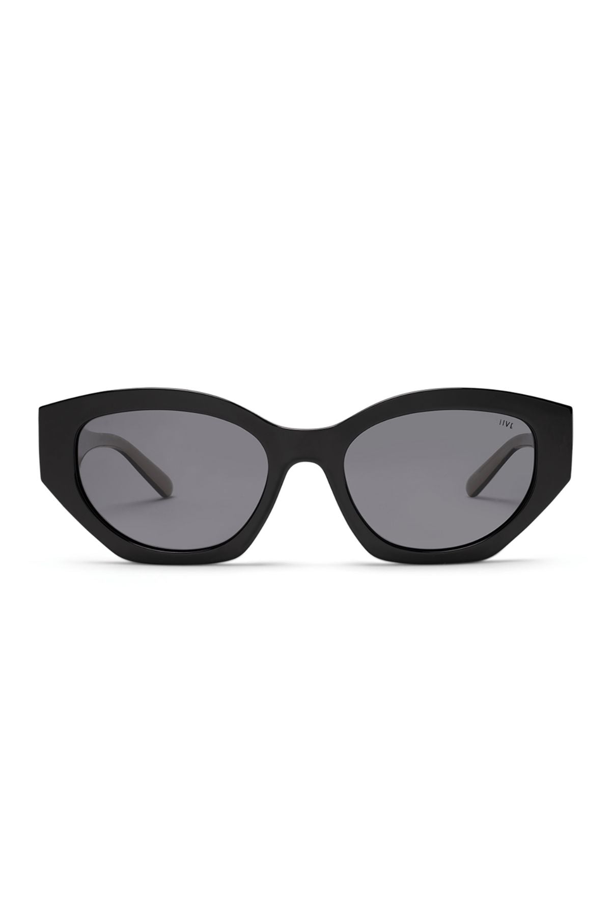 Liive Cabron Polarised Sunglasses feature a bold black cat-eye frame and dark smoke lenses, shown from the front against a white background.