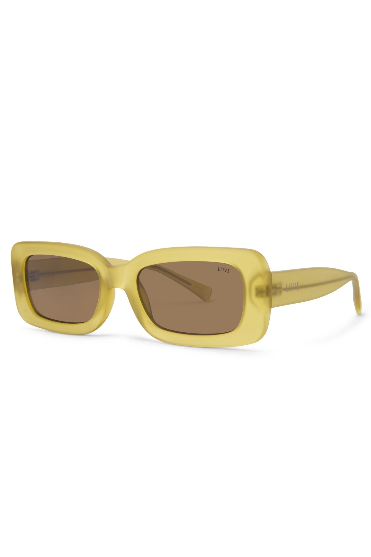 Liive Crush Sunglasses feature yellow rectangular frames, brown tinted lenses, and a polycarbonate build providing UV protection. The smooth frames have subtle temple branding and embody a minimal, glossy look that's reminiscent of vintage 90s style.