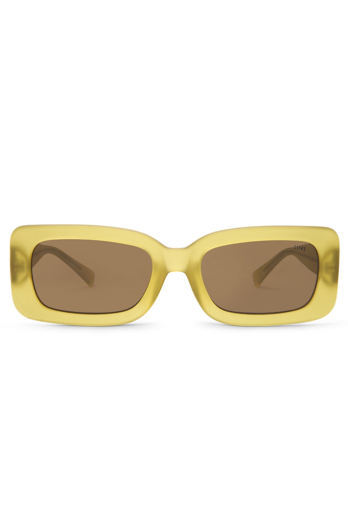 The Liive Crush Sunglasses feature a yellow polycarbonate frame with brown lenses offering UV protection, styled as vintage 90s rectangular shades. Photographed head-on against a plain white background, they blend retro aesthetics with modern durability and flair.