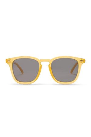 The Liive Del Ray Polarised Sunglasses feature yellow translucent square frames and dark rectangular lenses, displayed against a white background.