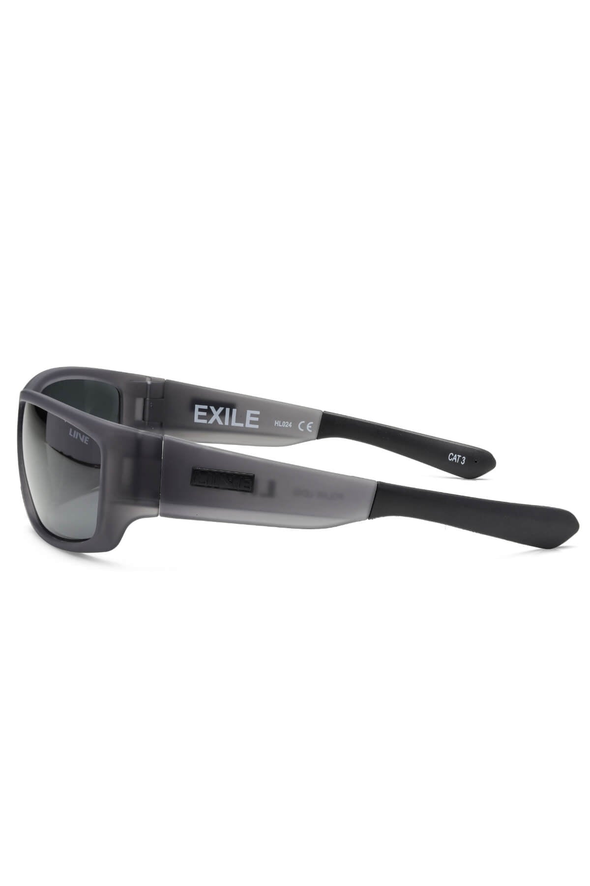 A pair of Liive Exile Polar Sunglasses in black and gray, shown from the side with dark polarized lenses and thick, straight arms. The lightweight frame has "EXILE" printed in white on the side.