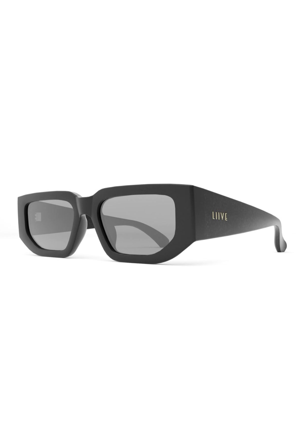 Liive Innocent Polarised Sunglasses feature matte black rectangular frames, gray polarized lenses, and "LIIVE" in gold on the temple, displayed against a white background.
