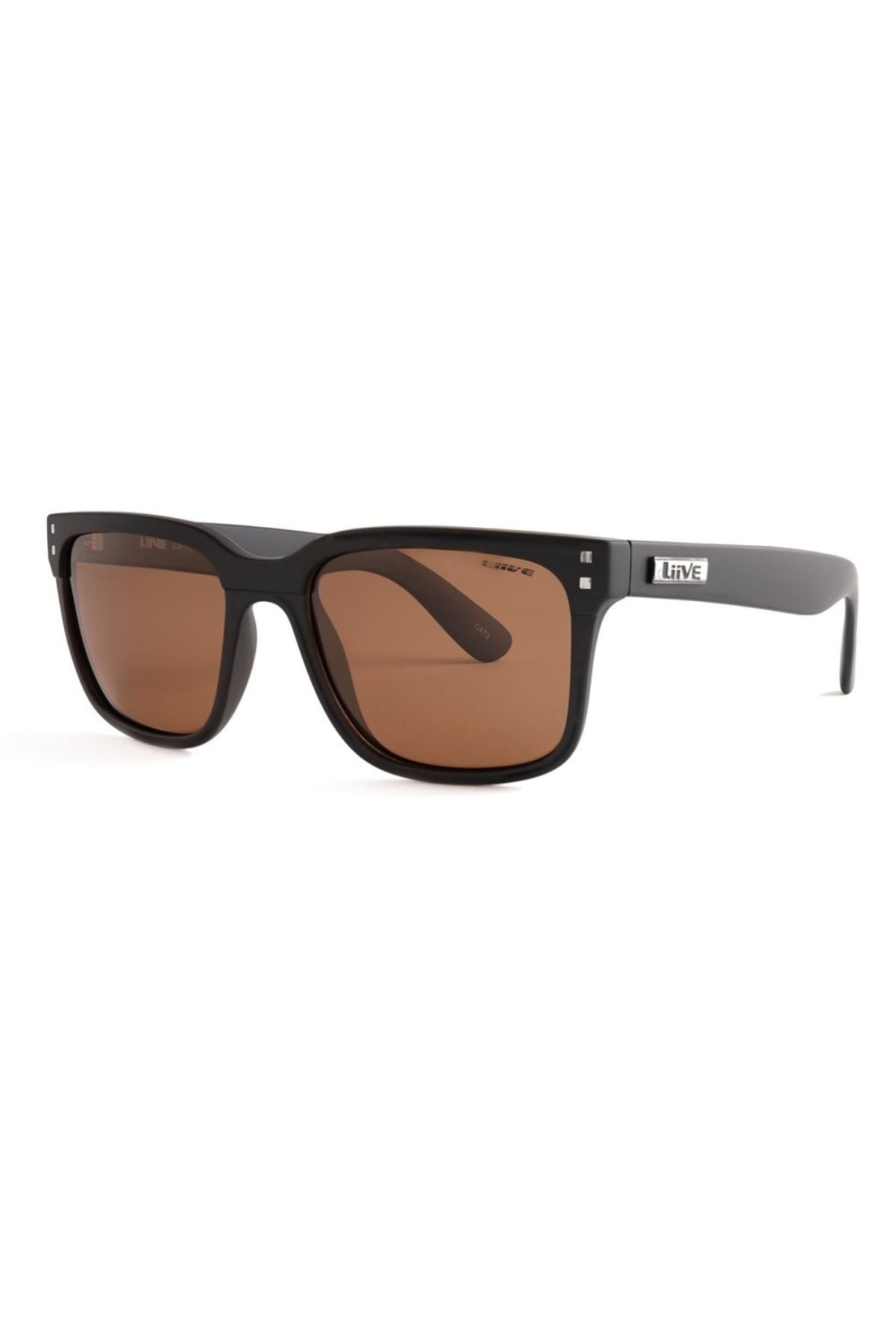 The Liive L.D Polar Sunglasses are a pair of stylish black sunglasses with tinted brown lenses and UV protection, featuring the brand name on the arms.