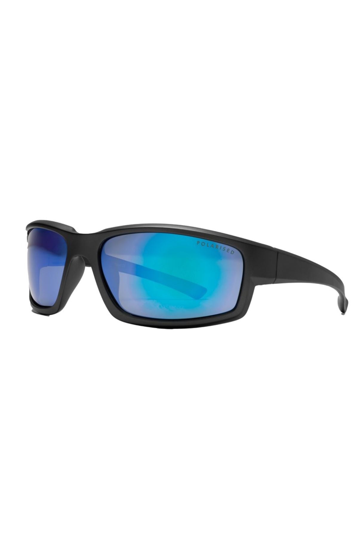 Liive Long Tail Mirror Polar Sunglasses featuring black frames and blue mirrored polarized lenses, displayed at an angle on a plain white background.