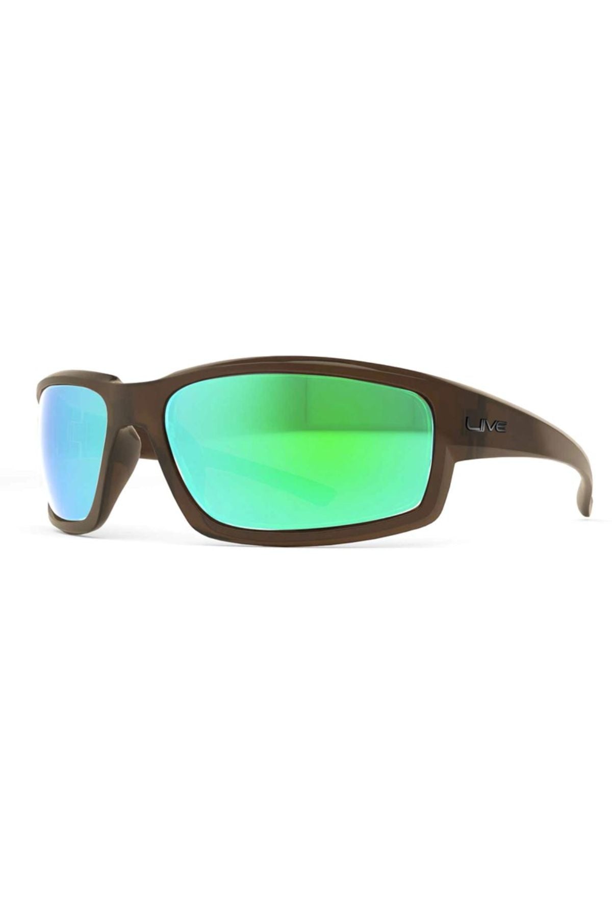 Liive Long Tail Mirror Polar Sunglasses featuring brown frames, green reflective lenses, and a small "Liive" logo on the arm, displayed on a white background.