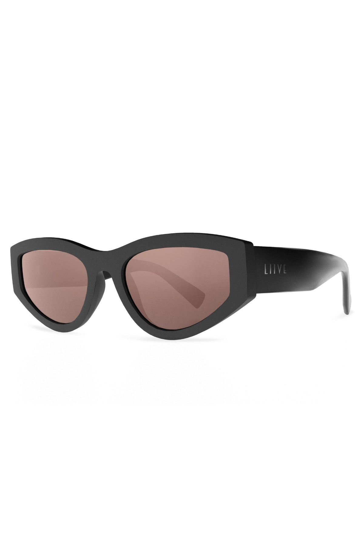 Liive Lulu Sunglasses feature black cat-eye frames, brown-tinted polycarbonate lenses, and "LIVE" engraved on the left temple arm. Shown at an angle on white, these stylish sunglasses offer reliable UV protection.