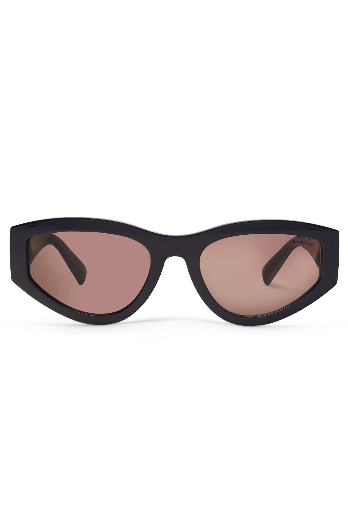Liive Lulu Sunglasses shown front view on a white background feature black cat-eye thick frames, brown-tinted polycarbonate lenses, and UV protection for stylish safety.