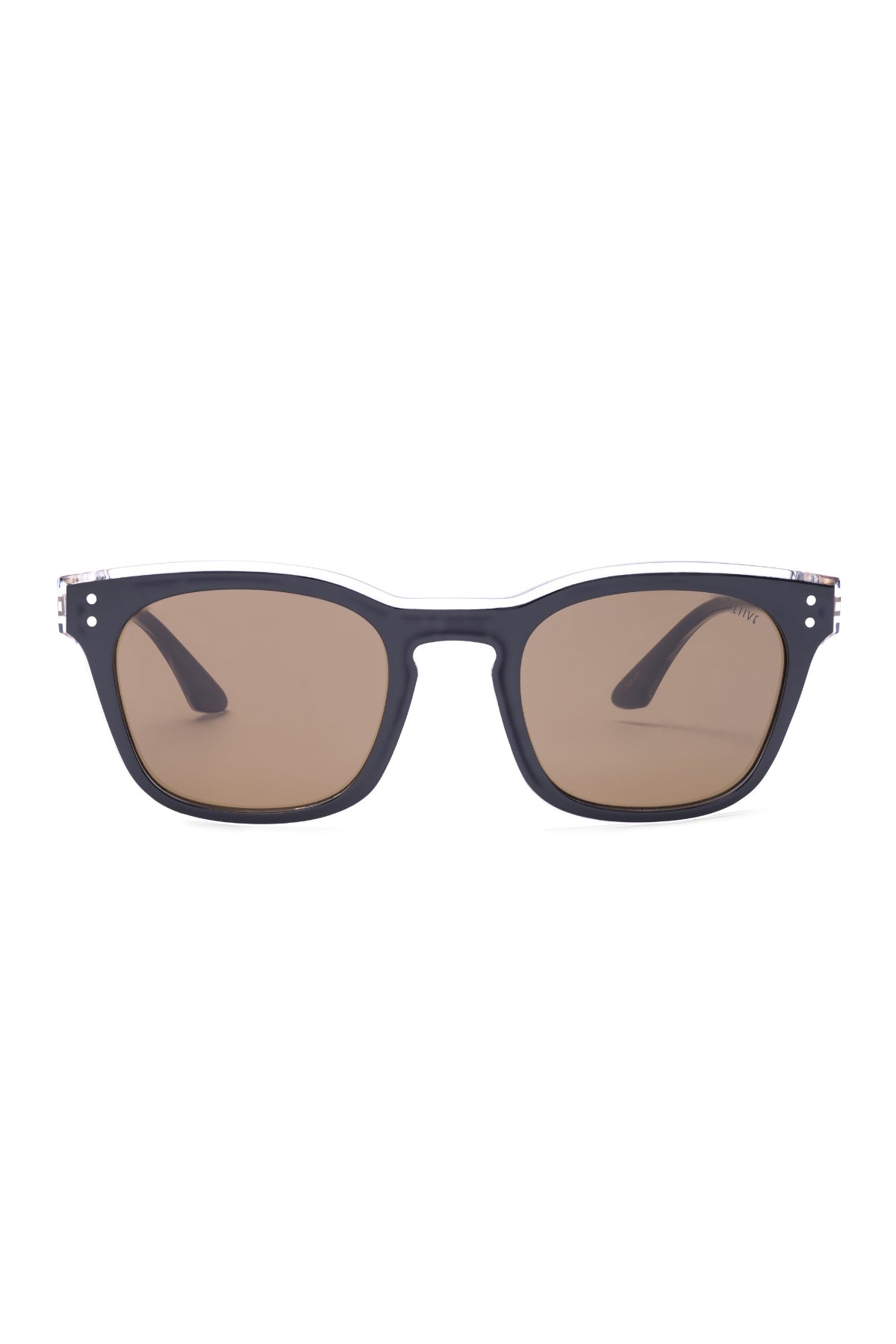 A pair of Liive Morgan Sunglasses featuring rectangular black frames and brown tinted lenses in a classic wayfarer style, displayed on a white background.