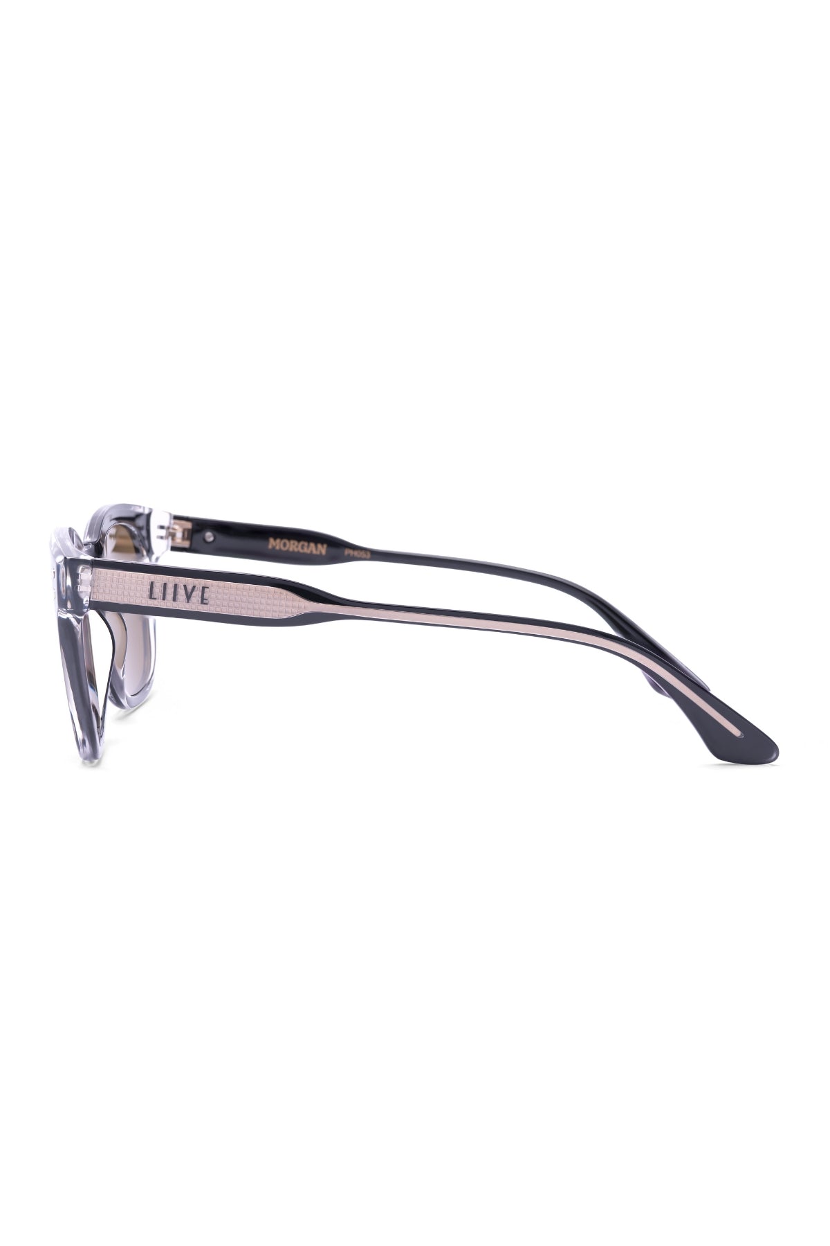 Side view of Liive Morgan Sunglasses with black and clear wayfarer frames, "LIVYE" and "MORGAN" on the temples, displayed against a white background.