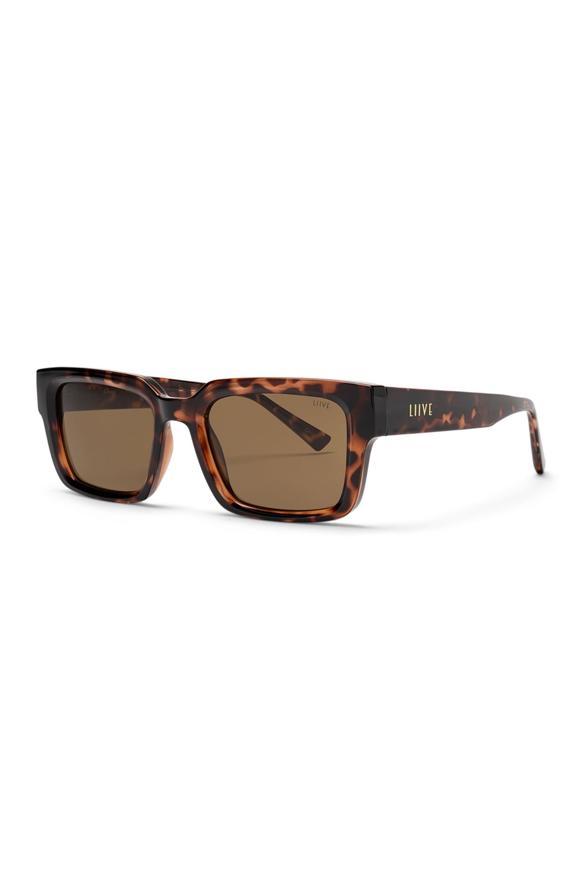 Liive Oney Sunglasses feature brown tortoiseshell rectangular frames, UV protection, brown tinted lenses, and the gold "Liive" logo on the arm.