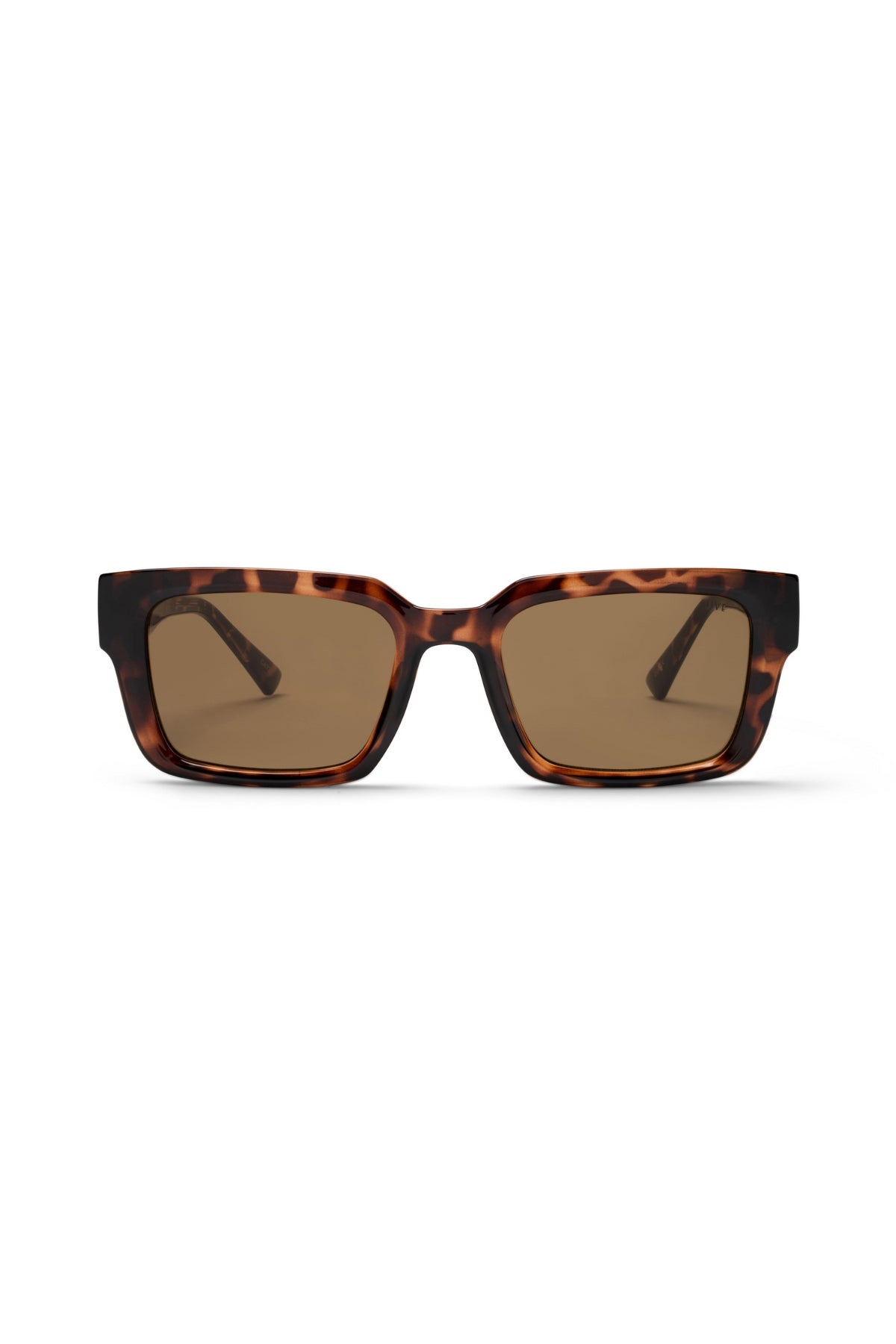 Liive Oney Sunglasses feature rectangular tortoise frames and dark brown lenses with UV protection, shown facing forward on a white background.