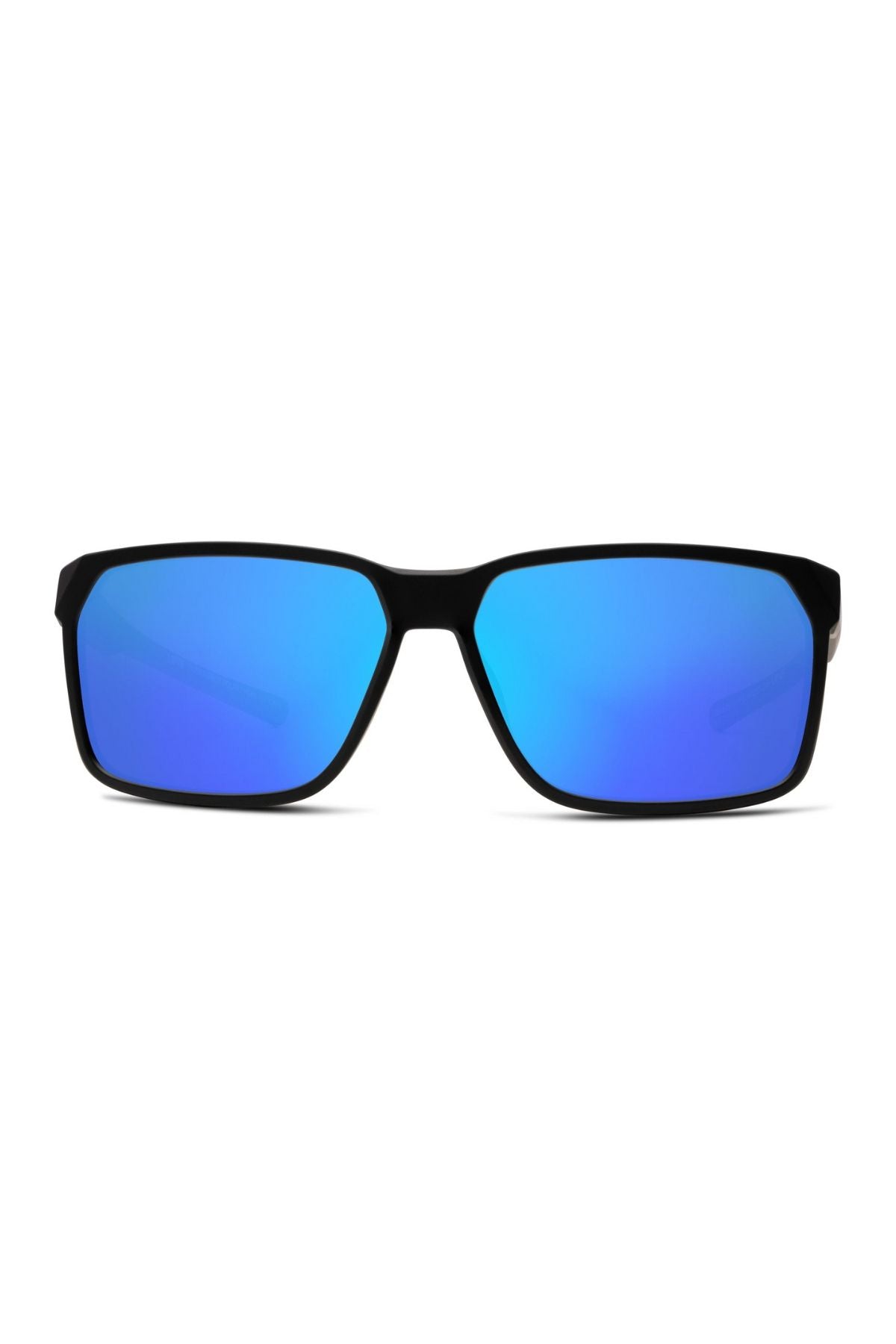 Liive Tazer Mirror Polar Sunglasses feature a rectangular black frame and blue mirror lenses with UV protection, displayed front-facing on a white background.