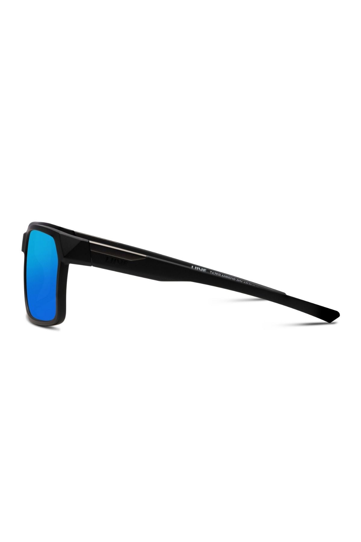 Side view of Liive Tazer Mirror Polar Sunglasses—black rectangular frame, blue mirror polarised lenses, and sleek straight arms—offering UV protection against a white background.