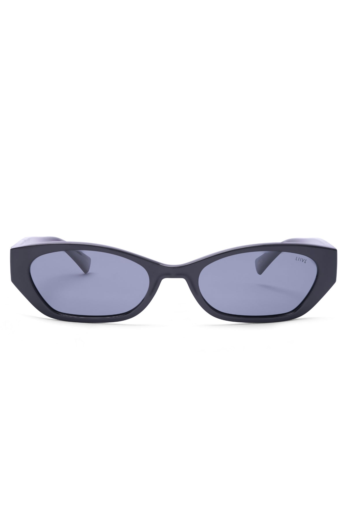 The Liive Tobes Polarised Sunglasses feature sleek black cat-eye frames and dark lenses, crafted from lightweight polycarbonate, set against a simple white background.